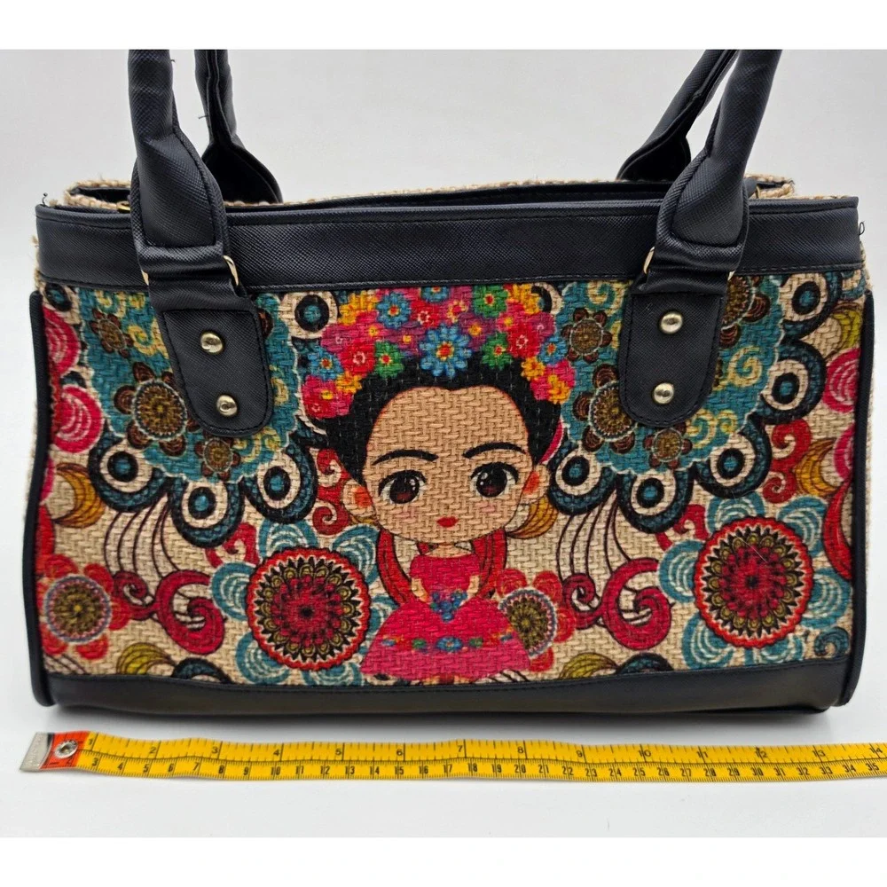 Frida Kahlo Woven Tapestry Satchel Bag Navy Blue Faux Leather Crossbody Handbag